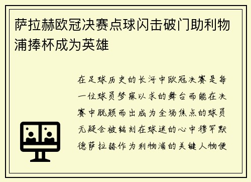 萨拉赫欧冠决赛点球闪击破门助利物浦捧杯成为英雄