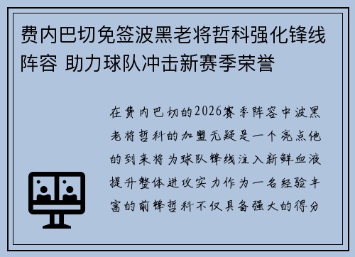 费内巴切免签波黑老将哲科强化锋线阵容 助力球队冲击新赛季荣誉